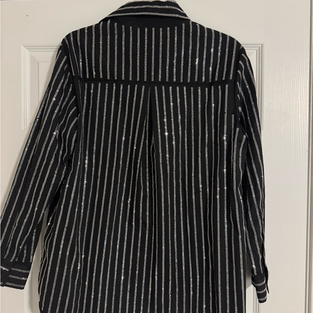Black and Silver Striped Button-Up Shirt Dress - Picture 2 of 6